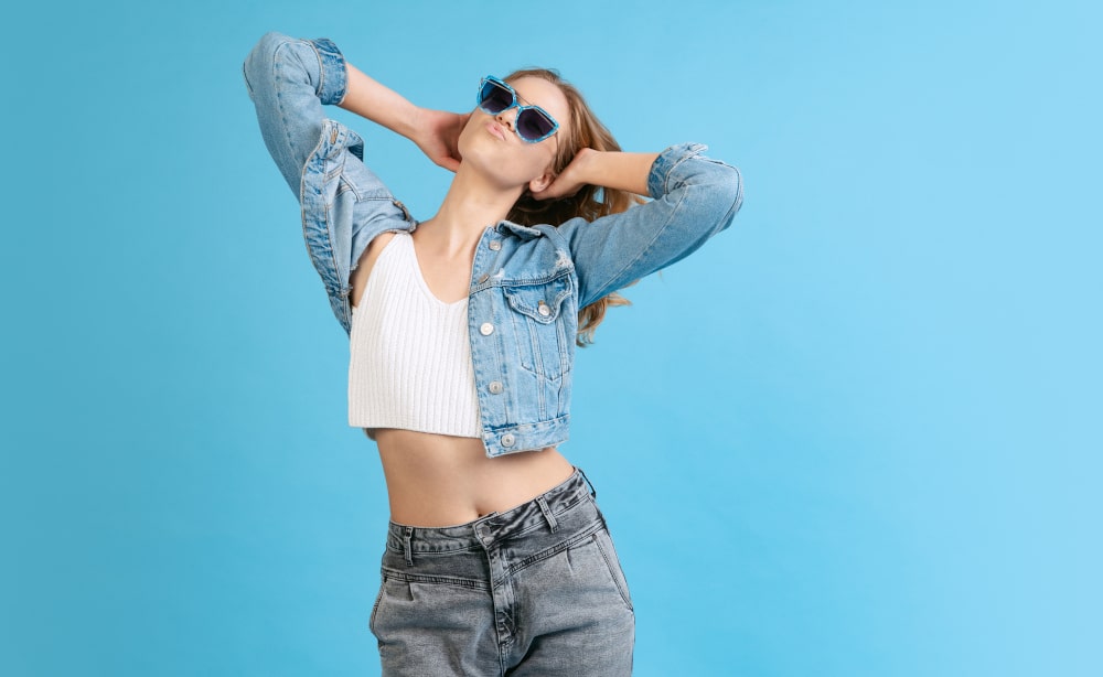 Smiling Young Woman in 90s Casual Outfit