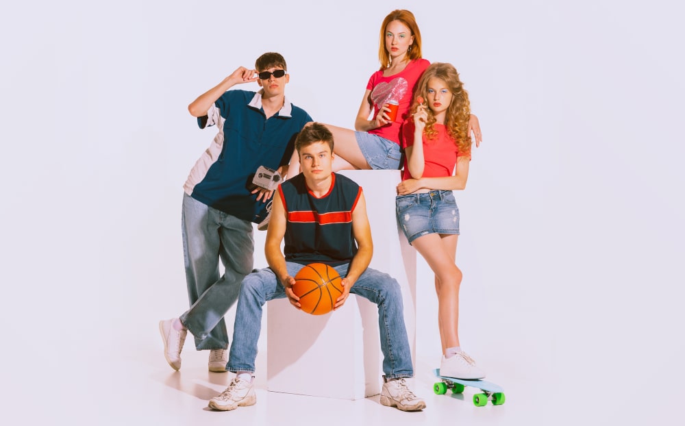 Group of Young People Dressed in 90s Fashion
