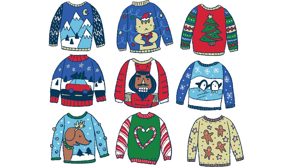 Funny and kitschy ugly Christmas sweater collection for holiday inspiration Collection of various ugly Christmas sweaters with humorous designs and patterns