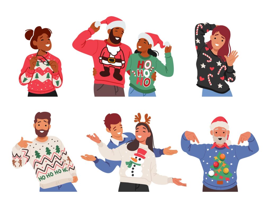 Festive characters in over-the-top ugly Christmas sweaters, holiday fun Group of joyful characters wearing garish ugly Christmas sweaters