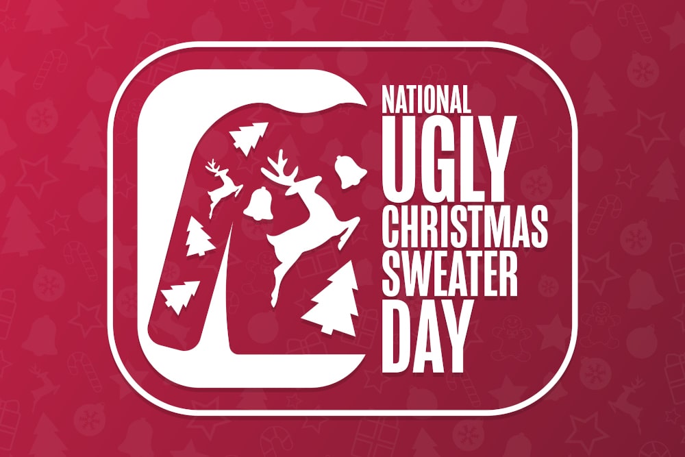 Illustration of people celebrating National Ugly Christmas Sweater Day with colourful festive sweaters