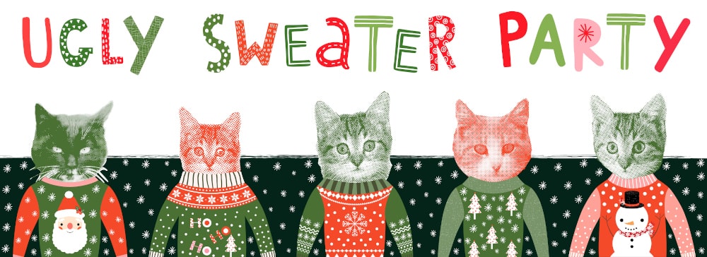 Vintage hipster ugly Christmas sweater party illustration, festive celebration Hipster-style group at an ugly Christmas sweater party, retro designs