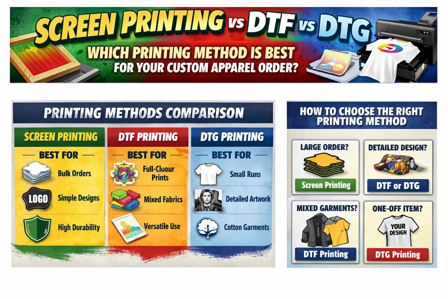 Screen Printing vs DTF vs DTG: Which Printing Method Is Best for Your Custom Apparel Order?
